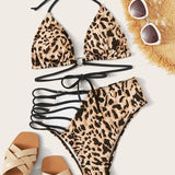 Set de bikini de cintura alta top halter de leopardo