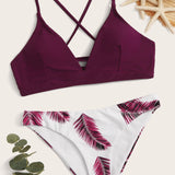 Swim Vcay Conjunto de bikini con estampado de hojas con cordones en la espalda, sujetador de tirantes y bottom de bikini, traje de bano de 2 piezas