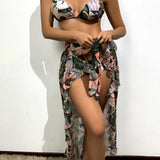 3 piezas con estampado de planta ribete con fruncido Vestido de baño bikini & Falda de playa