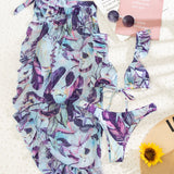 3 piezas con estampado de planta ribete con fruncido Vestido de baño bikini & Falda de playa