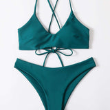 Swim Basics Set bikini unicolor con lazo en la parte superior y bottom de corte alto Traje de bano de 2 piezas