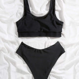 Swim Basics Conjunto de bikini unicolor Camiseta sin mangas y bottom de corte alto Traje de bano de 2 piezas