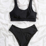 Swim Basics Conjunto de bikini unicolor Camiseta sin mangas y bottom de corte alto Traje de bano de 2 piezas