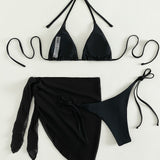 Swim Basics Conjunto de bikini unicolor Sujetador triangular y bottom de tanga y falda de playa Traje de bano de 3 piezas