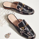 Mules de mocasin con bordado floral, zapatos planos de mujer con bordado de moda negro y estampado de flores metalicas puras