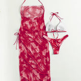 Swim Vcay Conjunto de bikini con tinte de corbata, sujetador triangular, bottom de tanga y vestido para cubrir, traje de bano de 3 piezas