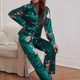 Conjunto de pijama con estampado floral ribete en contraste de saten