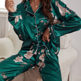 Conjunto de pijama con estampado floral ribete en contraste de saten