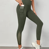 Yoga Trendy Leggings de yoga, mallas deportivas con cintura ancha y malla en contraste con control de barriga y bolsillo para telefono