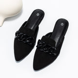 Las mujeres mulas planas del dedo del pie del punto de la decoracion de la cadena negra, Zapatos planos del dedo del pie del punto de moda