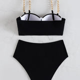 Swim Chicsea Conjunto de bikini liso Top push up con cadena y traje de bano de 2 piezas de cintura alta