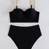 Swim Chicsea Conjunto de bikini liso Top push up con cadena y traje de bano de 2 piezas de cintura alta