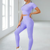 Yoga Basic Conjunto de Yoga de alta elasticidad inconsutil, 2 piezas, traje deportivo de manga raglan, camiseta deportiva con control de barriga, mallas deportivas
