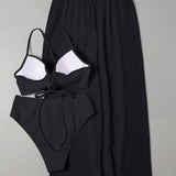 Swim Basics Vestido de baño de 3 piezas con parte superior de sujetador push-up con encaje y bottom de bikini de cintura alta y falda de muslo dividida