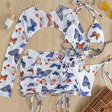 Swim Y2GLAM 4 piezas Conjunto Vestido de baño bikini triangulo con estampado de mariposa & Top de pareos con falda