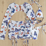Swim Y2GLAM 4 piezas Conjunto Vestido de baño bikini triangulo con estampado de mariposa & Top de pareos con falda