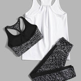 Yoga Sxy 3 piezas Ropa de gimnasio Conjunt de yoga de leopardo absorbe sudor Brasier de espalda nadador con tank con leggings