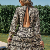 Eilly Bazar Vestido de cuello alto con estampado de leopardo ribete con encaje