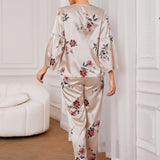 Conjunto de pijama con estampado floral de manga con volante con lazo delantero de saten
