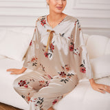 Conjunto de pijama con estampado floral de manga con volante con lazo delantero de saten