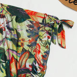 Swim Vcay Conjunto de bikini con estampado tropical sujetador micro con ribete de volantes, bottom hipster y falda de playa, traje de bano de 3 piezas