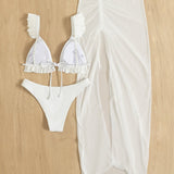 Swim Vcay Conjunto de bikini unicolor con parte superior con ribete de volantes, bottom descarada y falda de playa, traje de bano de 3 piezas
