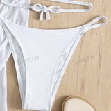 Swim BohoFeel 4 piezas Vestido de baño bikini micro triangulo con ribete con fleco Pareo