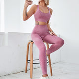 Yoga Basic 2 piezas conjunto de Yoga de estiramiento medio inconsutil de punto marled conjunto atletico sujetador de espalda cruzada y mallas de cintura ancha