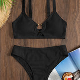 Swim Basics Traje de bano de 2 piezas con parte superior de sosten recortada con aros y parte inferior de bikini de talle alto con textura