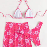 Swim Mod Conjunto de bikini con estampado floral, sujetador de triangulo halter, parte inferior de bikini y falda de playa, traje de bano de 3 piezas