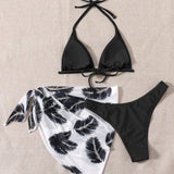 Swim Vcay 3 piezas Banador bikini triangulo halter & con estampado de planta Falda de playa
