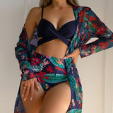 Vestido de baño bikini push up con estampado tropical cruzado con Kimono