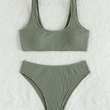 Swim Basics Conjunto de bikini acanalado, camiseta sin mangas y parte inferior de bikini, traje de bano de 2 piezas