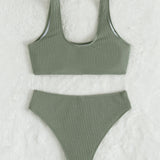 Swim Basics Conjunto de bikini acanalado, camiseta sin mangas y parte inferior de bikini, traje de bano de 2 piezas