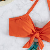 Conjunto de bikini con estampado tropical, sujetador sin aros con lazo en la parte delantera y braguita y falda de bikini, traje de bano de 3 piezas