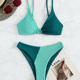 Swim Vcay Banador bikini de color combinado con textura vinculado con aro