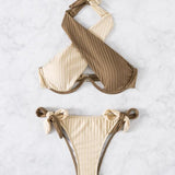 Vestido de baño bikini halter de dos tonos con tira cruzada con cordón lateral