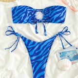 Swim Vcay Conjunto de bikini con rayas de cebra, sujetador de bandeau recortado y parte inferior de tanga, traje de bano de 2 piezas