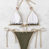 Swim Basics Conjunto De Bikini De Un Solo Color Para Mujer Con Detalles De Ribetes: Bralette De Triangulo Halter Y Traje De Bano Con Parte Inferior Anudada A Los Lados