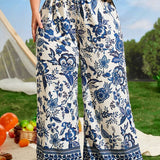 Pantalones de pierna ancha con estampado floral de cintura fruncido