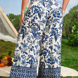 Pantalones de pierna ancha con estampado floral de cintura fruncido