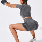 Yoga Basic 2 piezas Traje de yoga fitness inconsutil de secado rapido Conjunto outfits de gimnasio manga corta Top shorts de cintura ancha