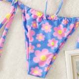 Swim Mod Conjunto de bikini con estampado floral aleatorio Sujetador bandeau con cordon y parte inferior de bikini con lazo lateral Traje de bano de 2 piezas
