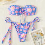 Swim Mod Conjunto de bikini con estampado floral aleatorio Sujetador bandeau con cordon y parte inferior de bikini con lazo lateral Traje de bano de 2 piezas