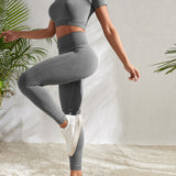 Yoga Basic Conjunto de 2 piezas de conjuntos de senderismo inconsutil, traje de entrenamiento al aire libre, manga raglan, parte superior, Leggings de cintura de banda ancha