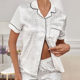 Conjunto de pijama shorts con camisa de leopardo jacquard ribete en contraste de saten