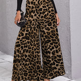 LUNE Pantalones de pierna ancha de leopardo de cintura alta