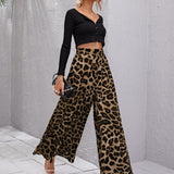 LUNE Pantalones de pierna ancha de leopardo de cintura alta
