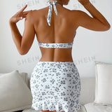Swim Mod Set bikini con estampado floral Brasier sin aro halter & Bikini & Falda playa Vestido de baño de 3 piezas