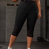 Yoga Basic Leggings deportivos de malla en contraste de cintura ancha con bolsillo de celular